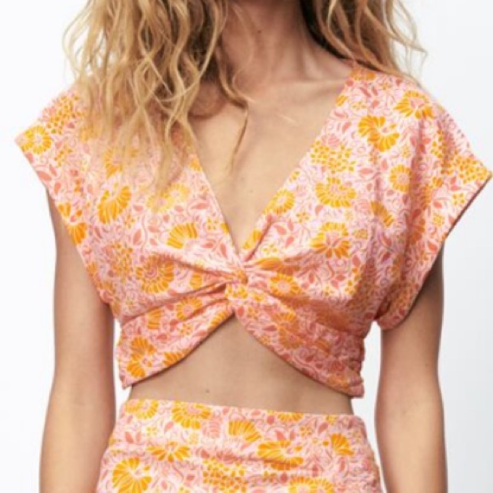 Pink and Orange Floral Zara Summer Crop Top